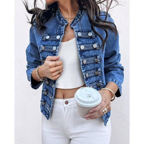 Blue Denim Jacket for Women 2025 Button Up Stand Collar Lightweight Fall Coat - Picture 4 of 7